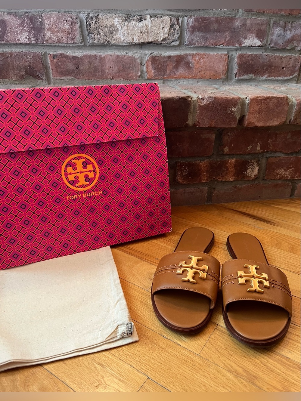 Tory Burch Tan Leather Everly Slide Sandals